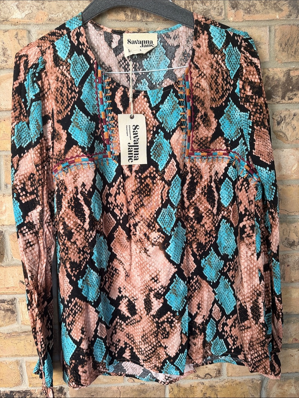 Savanna Jane Turquoise & Peach Snakeskin Tunic Blouse